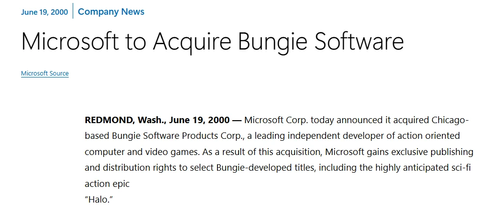 Communiqué de Microsoft du 19 juin 2000 annonçant le rachat de Bungie