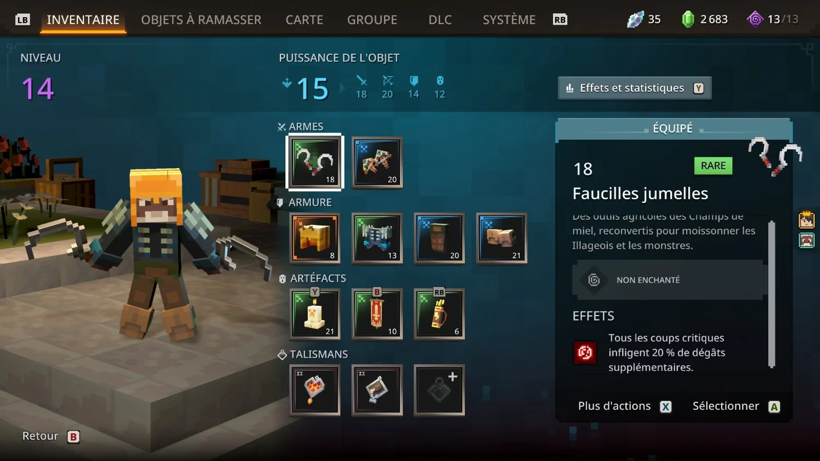 L'inventaire et l'équipement du personnage dans Minecraft Dungeons II