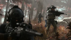 Capture de Call of Duty: Modern Warfare 4, une escouade équipée de masques à gaz avance dans une forêt