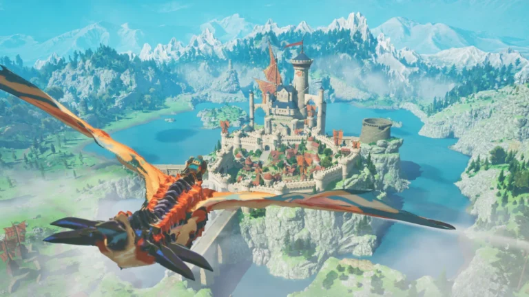 Monster Hunter Stories 3: Twisted Reflection, un Rathalos survole un château au bord d'un lac