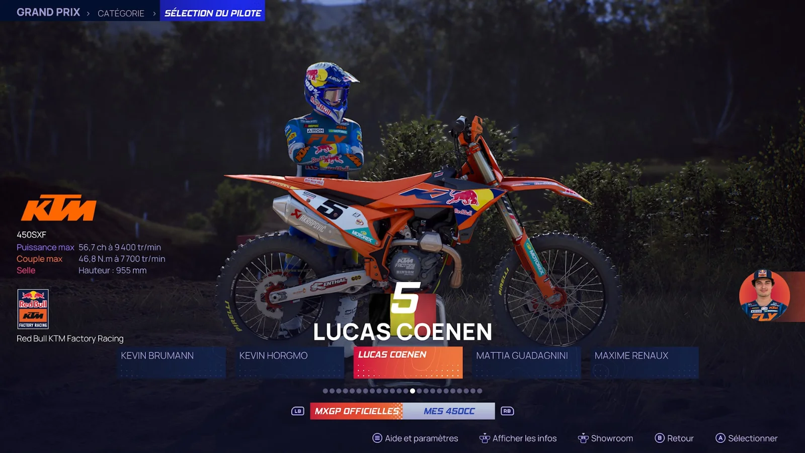 L'écran de sélection du pilote Lucas Coenen et de sa KTM 450 SX-F dans MXGP 26