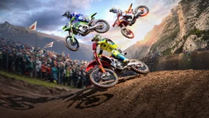 Trois pilotes en plein saut, visuel officiel de MXGP 26
