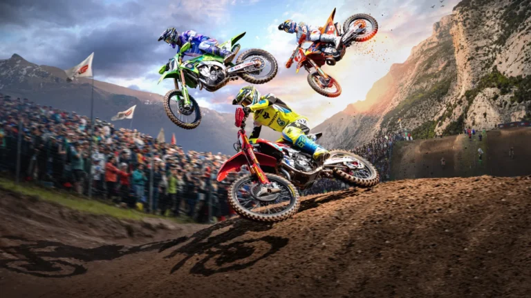 Trois pilotes en plein saut, visuel officiel de MXGP 26