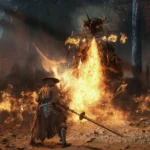 Soul face à un ennemi en flammes dans Phantom Blade Zero
