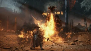 Soul face à un ennemi en flammes dans Phantom Blade Zero