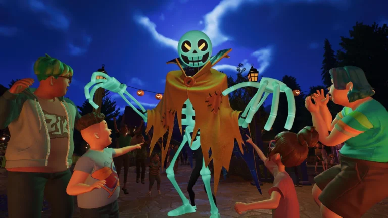 Un squelette animatronique amuse les visiteurs dans Planet Coaster 2: Spooktacular Pack