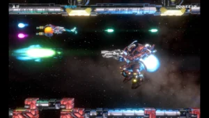 R-Type Dimensions III sur Xbox Series X : le R-90 face à un ennemi mécanique, en rendu 3D