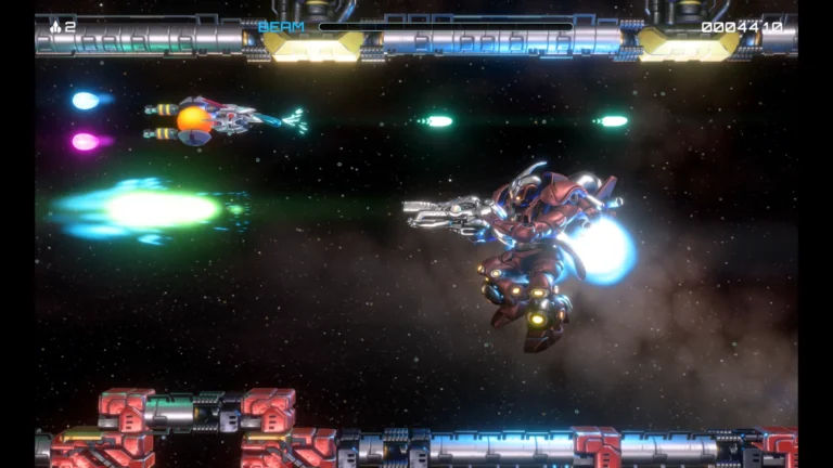 R-Type Dimensions III sur Xbox Series X : le R-90 face à un ennemi mécanique, en rendu 3D
