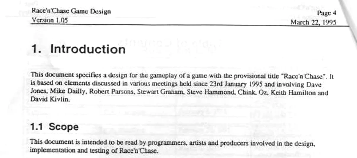 Page 4 du document de conception de Race'n'Chase, futur premier GTA, qui cite les réunions tenues depuis le 23 janvier 1995