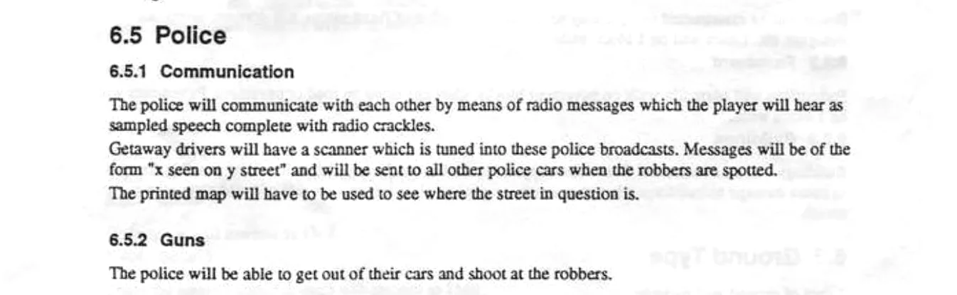 Page 10 du document de conception de Race'n'Chase, futur premier GTA, consacrée à la police