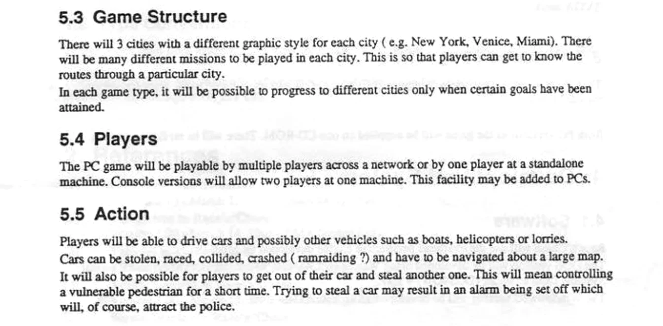 Page 6 du document de conception de Race'n'Chase, futur premier GTA : New York, Venise et Miami, et le vol de voitures