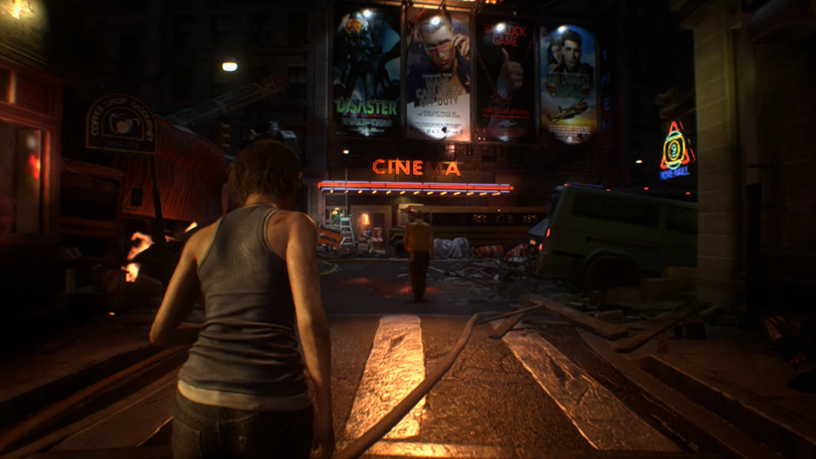 Resident Evil 3 sur Nintendo Switch 2, Jill devant un cinéma de Raccoon City