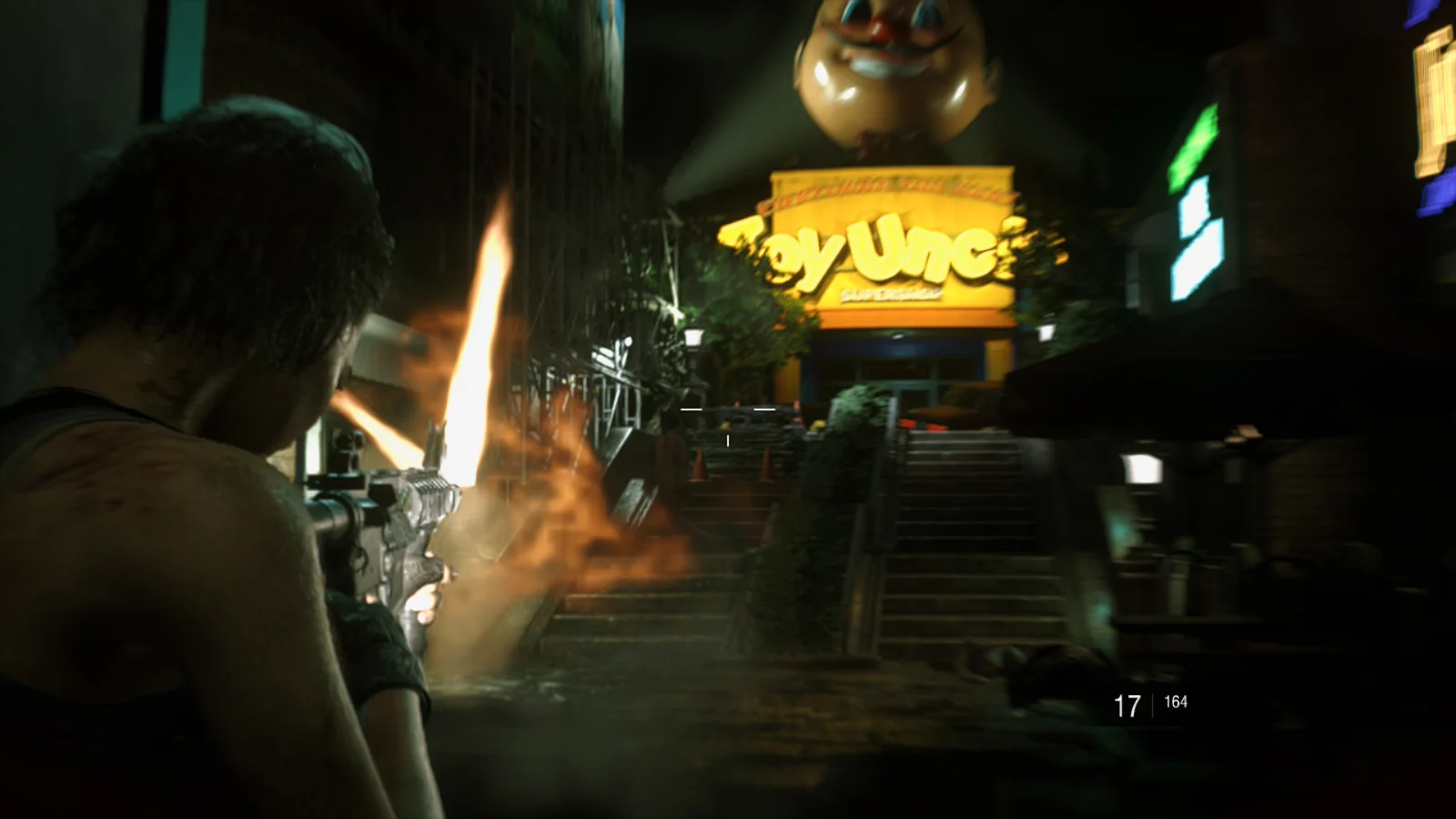 Resident Evil 3 sur Nintendo Switch 2, Jill ouvre le feu devant un magasin de jouets