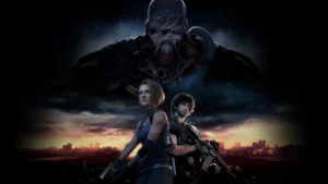 Resident Evil 3, Jill Valentine et Carlos Oliveira devant Nemesis