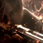 Leon S. Kennedy pointe son arme au milieu des flammes dans Resident Evil 4