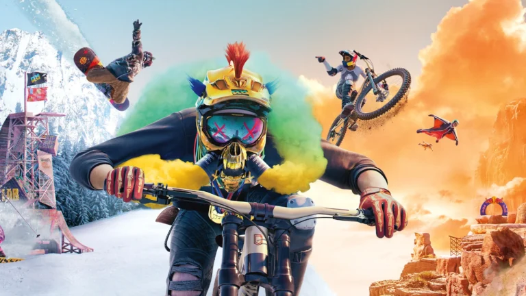 Riders Republic, visuel officiel avec un rider en VTT entouré de skieurs et de wingsuits