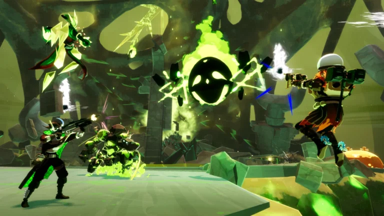 Risk of Rain 2: Hallowed Concepts, des survivants affrontent une créature dans un temple