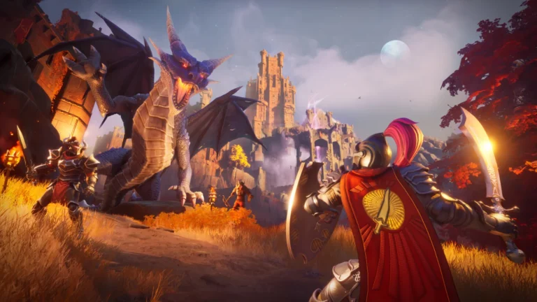Un dragon attaque des aventuriers à Ashenfall dans RuneScape: Dragonwilds, région de départ de RuneScape 4