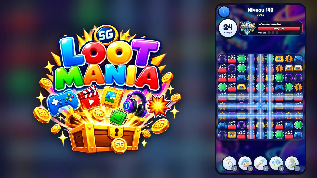 Logo de SG Loot Mania et grille de jeu d'un niveau de puzzle