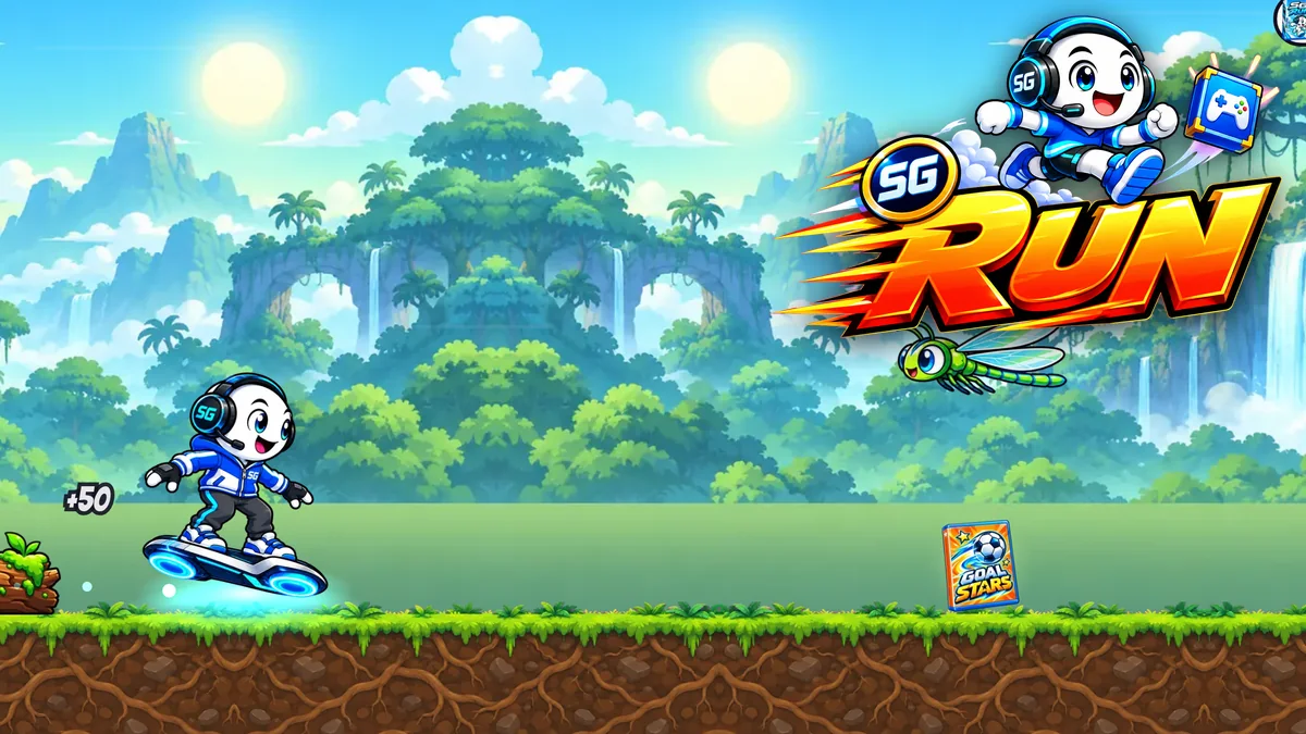 SG Run : la mascotte SpiritGamer file sur sa planche dans un décor de jungle, avec le logo du jeu