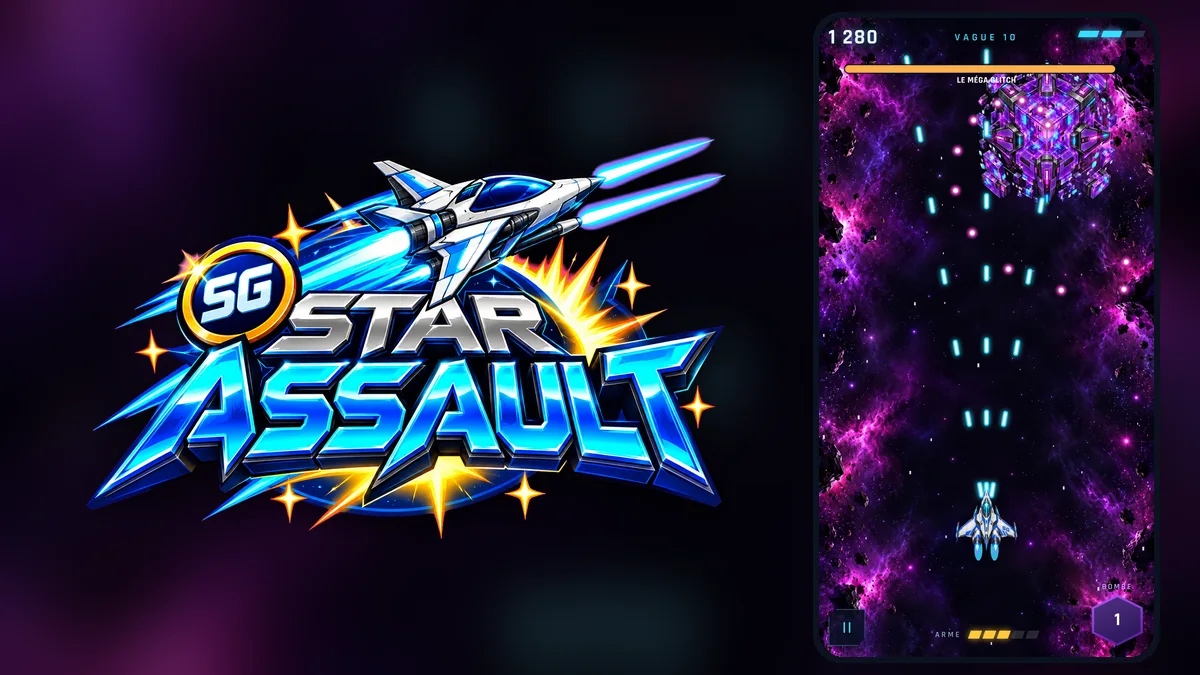 Logo de SG Star Assault et un vaisseau qui tire dans l'espace