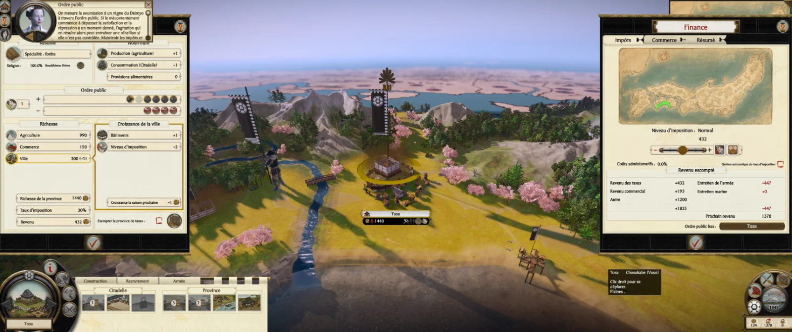 Total War: SHOGUN 2 - Complete Edition, la province de Tosa et l'écran des finances du clan Chosokabe en 1545
