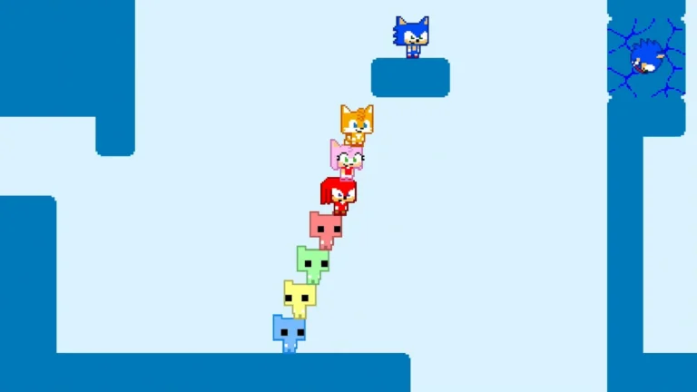 Sonic Pico Park : Sonic et ses amis empilés avec les chats de Pico Park pour atteindre une plateforme