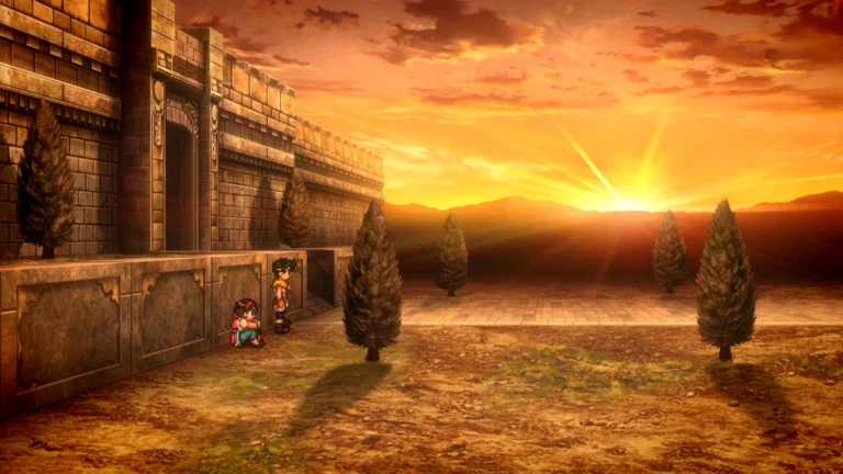 Capture officielle de Suikoden I&II HD Remaster, un village au coucher du soleil