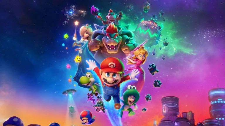 Mario, Peach, Yoshi, Luigi et Bowser dans le visuel officiel du film Super Mario Galaxy
