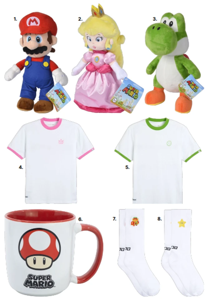 Peluches Mario, Peach et Yoshi, tee-shirts, mug et chaussettes vendus aux Galeries Lafayette