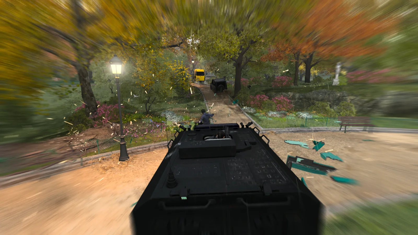 Un blindé traverse un parc en pleine poursuite dans Call of Duty: Modern Warfare 4