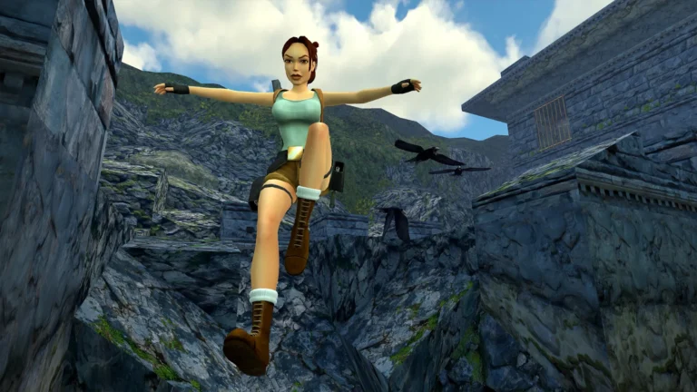 Lara Croft en plein saut de l'ange au-dessus de rochers, dans la version remasterisée du premier Tomb Raider