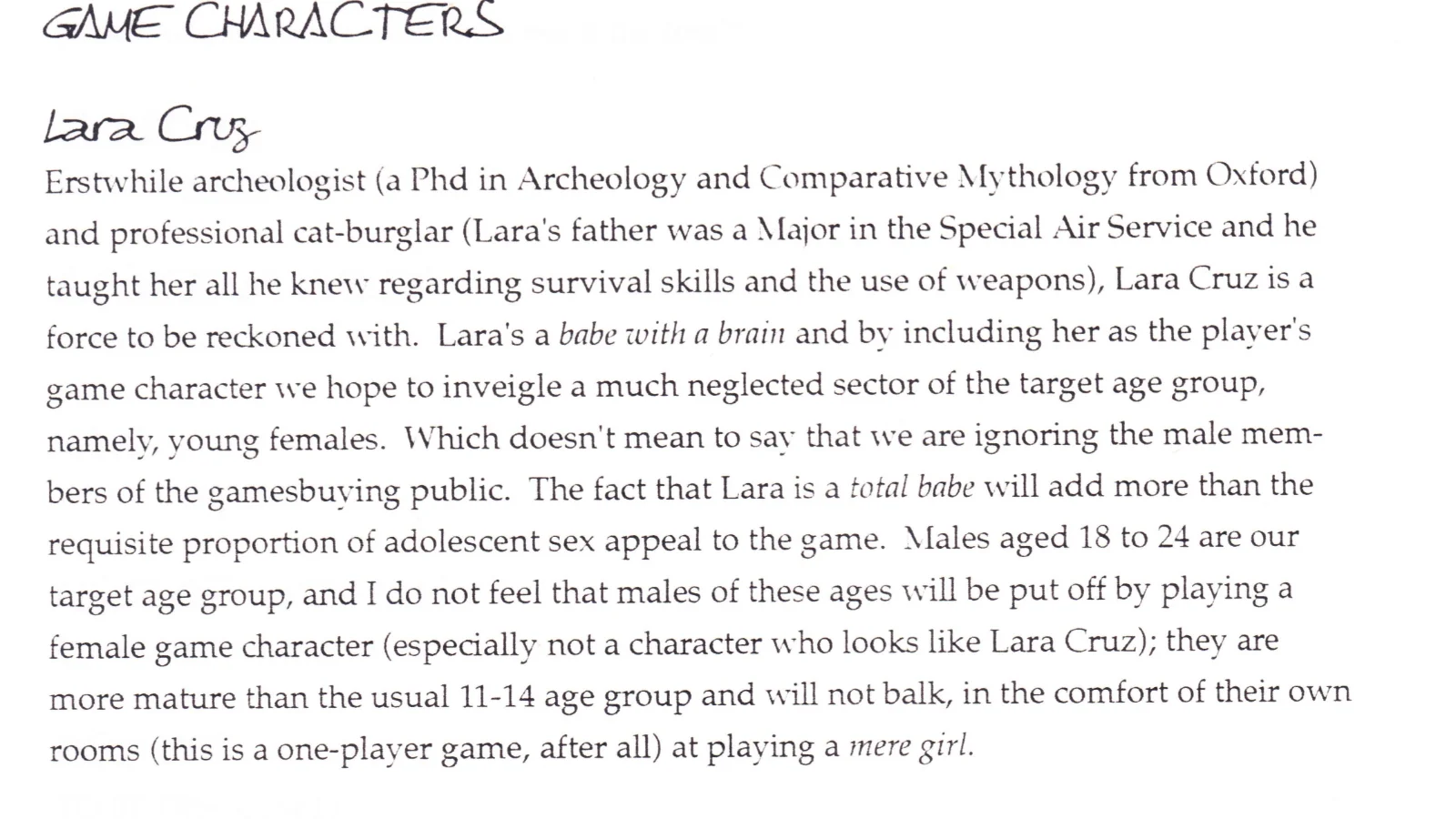 Page du document de conception de Tomb Raider du 16 décembre 1994 qui présente l'héroïne sous le nom de Lara Cruz