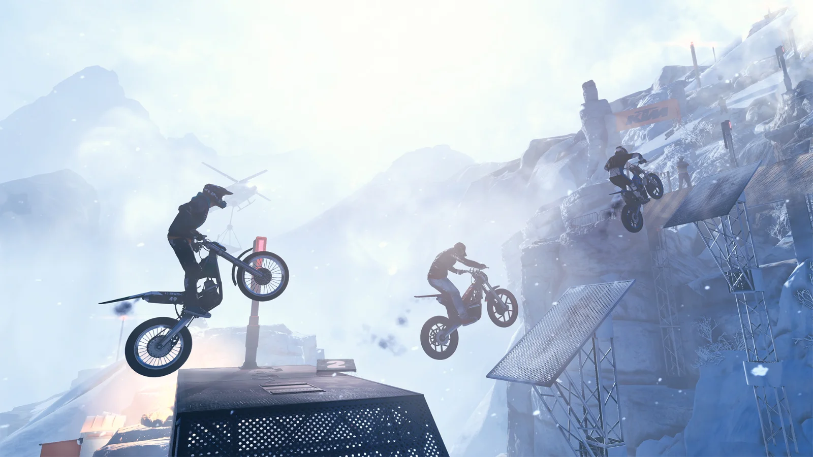 Trials Rising de RedLynx : plusieurs pilotes de trial sautent au-dessus de toits enneigés