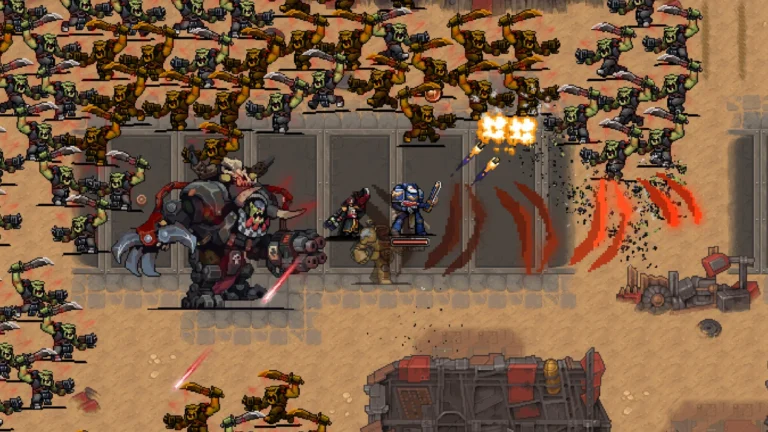 Warhammer Survivors, combat contre un boss au milieu de hordes d'ennemis