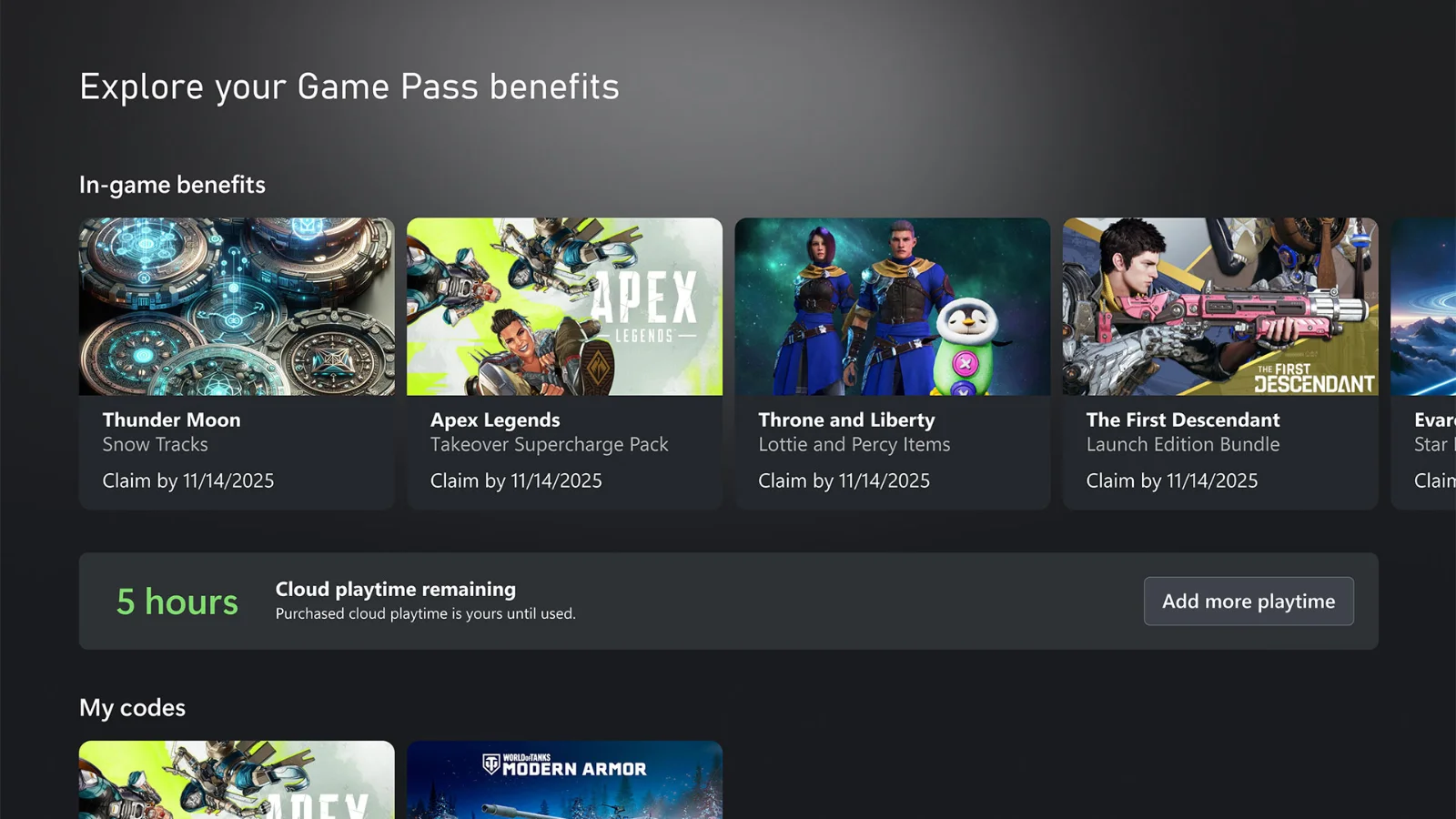 Interface Xbox Cloud Gaming affichant les heures de cloud restantes du Game Pass