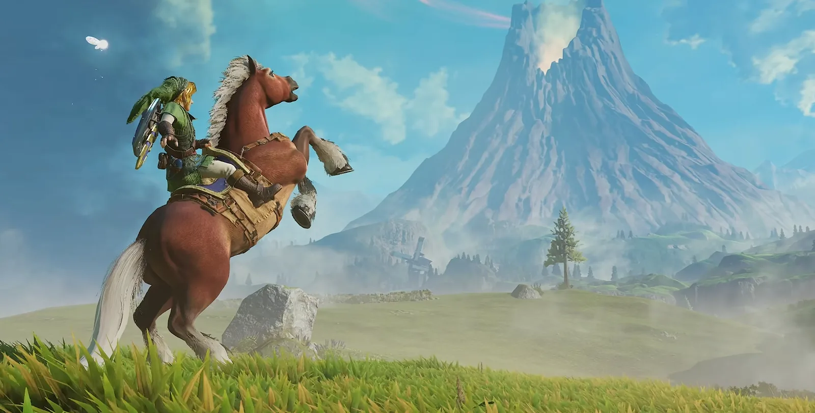 Link adulte sur Epona face à la Montagne du Péril dans le remake Switch 2 de Zelda: Ocarina of Time